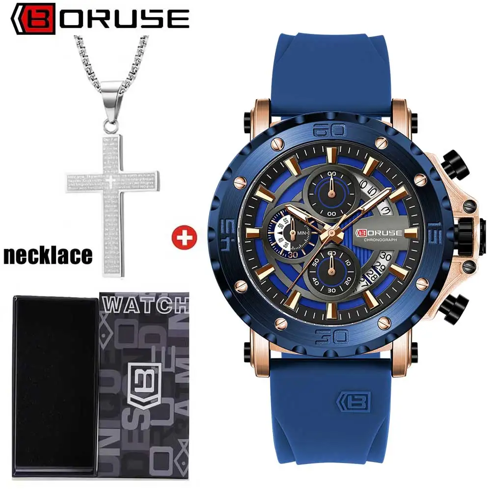 

BORUSE 2 шт./компл. модные мужские синие часы силиконовый ремешок кварцевые наручные часы и ожерелье комплект для мужчин Рамадан подарки на день отца