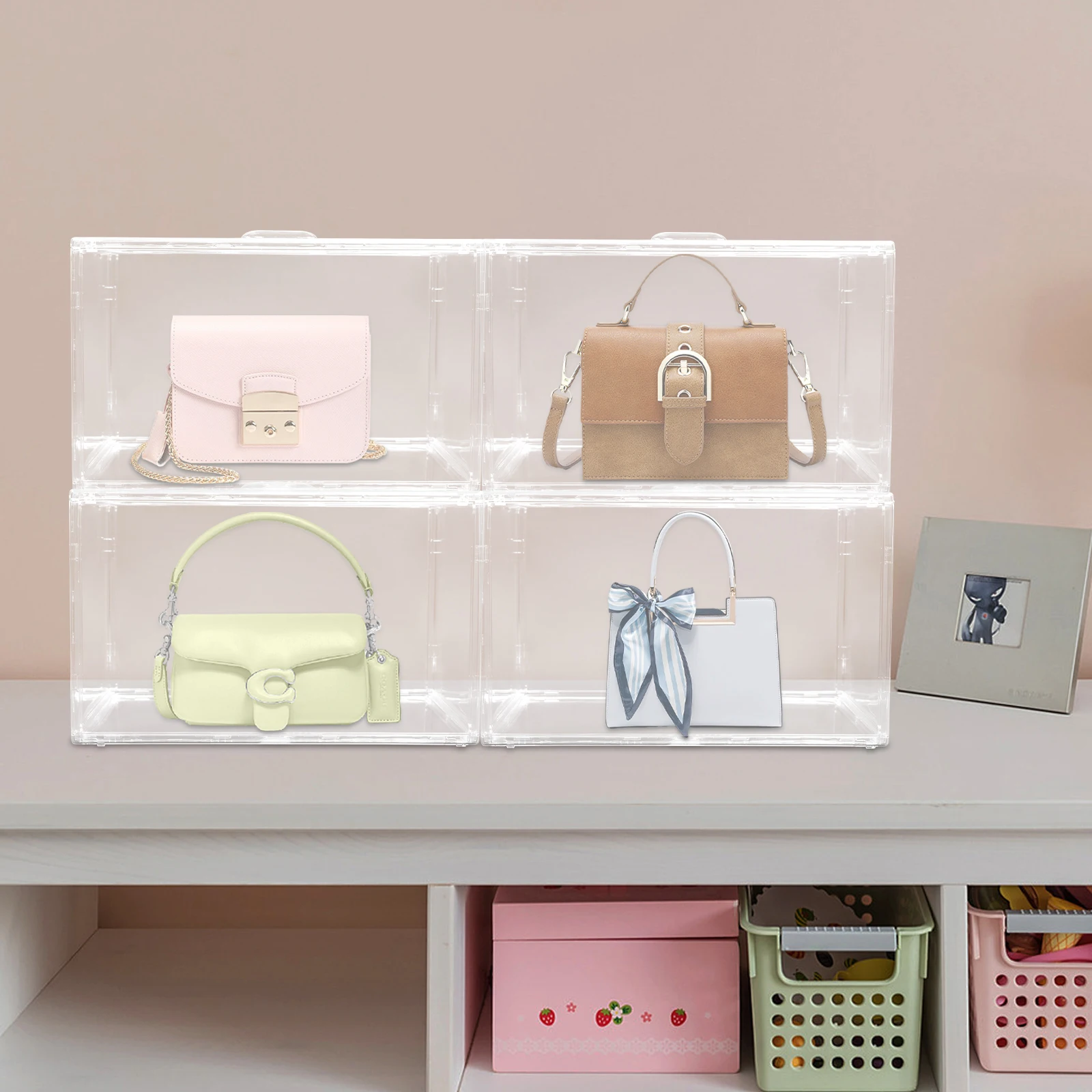 Moderne 4-teilige Transparente Handtaschen-Aufbewahrungsboxen PET Stapelbare Aufbewahrungs- und Präsentationsboxen für Schlafzimmer, Begehbare Kleiderschränke – Detail 4