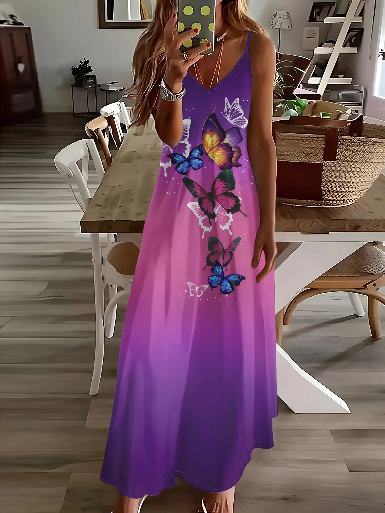 

Printed Design Casual Butterfly Contrast Print Slip Maxi Dress