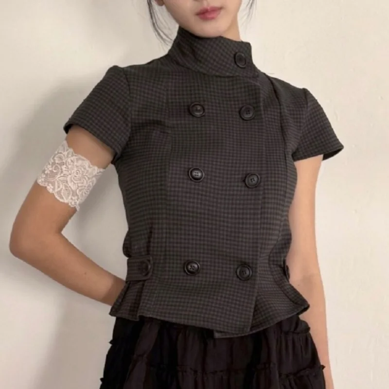 Women Stand Collar Short Sleeve Shirt Double Breasted Button Crop Top Plaid & Solid Color Slim Casual Blouse