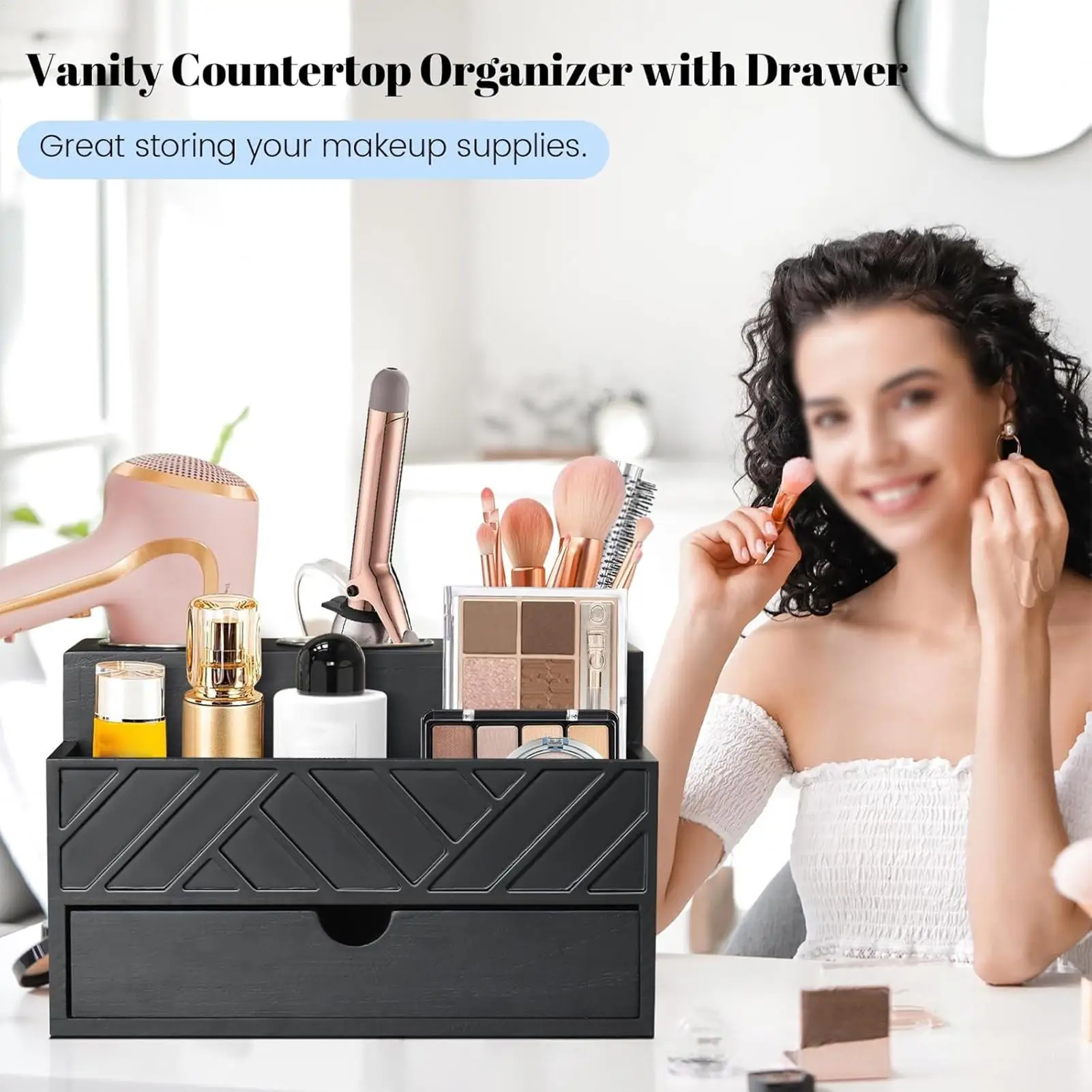 Hair Dryer Stand Wooden Space Saving Modern Bathroom Storage Blow Dryer Holder Wall Mounted For Brush Straightener Curling Iron
