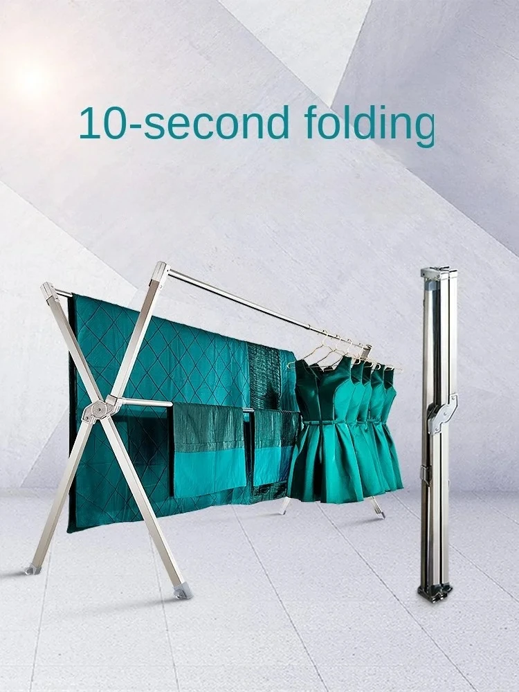 

Clothes Rack Floor Folding Home Balcony Drying Quilt Stand Clothes Rack Artifact Movable Bold Stainless Steel