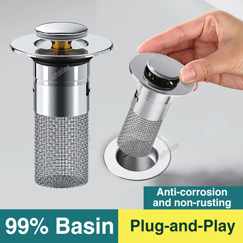 Universal Pop-up Sink Drain Filter Washbasin Leak Plug Stainless Steel Odor Proof Bouncing Core Drains Hair Catcher SinkStraine