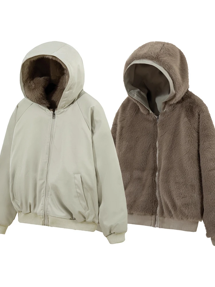 

Thickened Fleece Inner Hooded Men's Jacket Double-Sided Wear Flight Style Cotton Clothes for Couples Warm Winter Outerwear