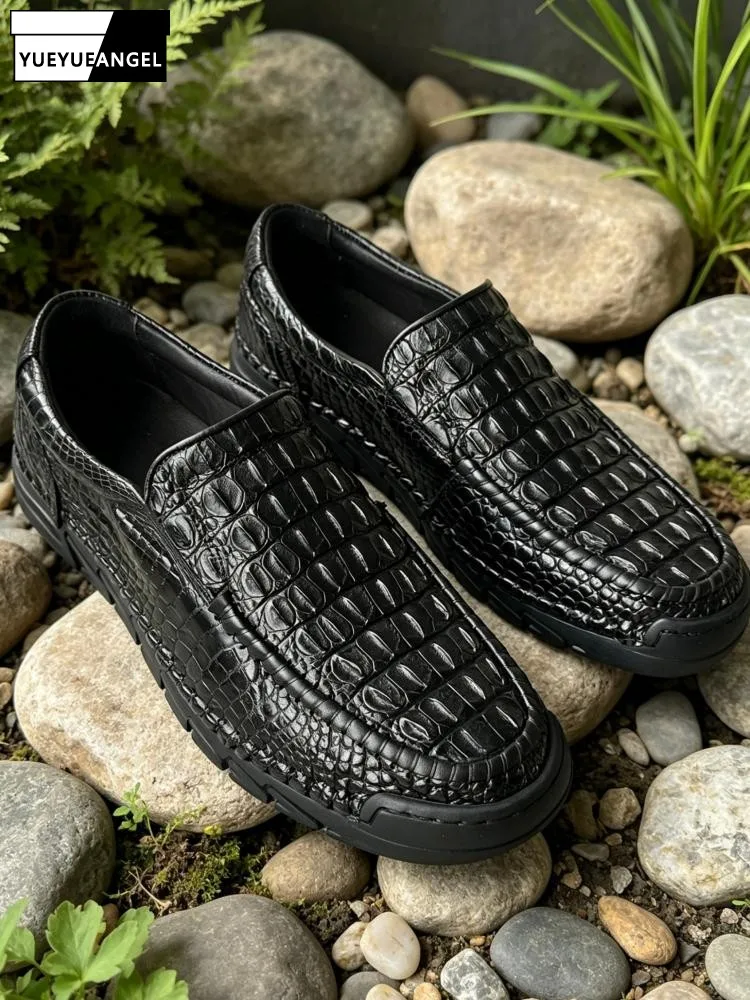Concise Genuine Leather Male Platform Hard Wearing Slip On Footwear Solid Color Round Toe Crocodile Leather Men Dress Shoes