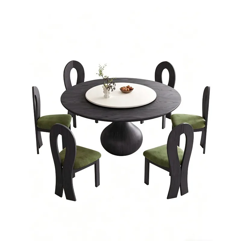 Round Solid Wood Dining Table with Turntable and Basalt Stone Top for Vintage Rustic Style Minimalist Small Space Homes Beech