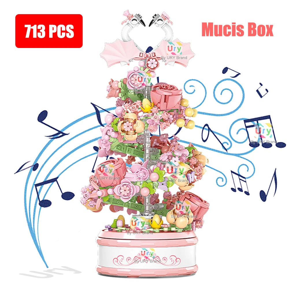 

MOC Friends Flower Swan Rotation Mechanical Clockwork Music Box Building Blocks Romantic Home Desk Decoration DIY Gift for Girls