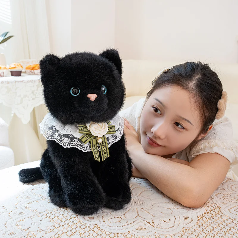 

33 см имитация черного кота, плюшевая игрушка, мультяшный сидящий реалистичный котенок, животное, кошки, искусственная сенсорная кукла, подарок для детей