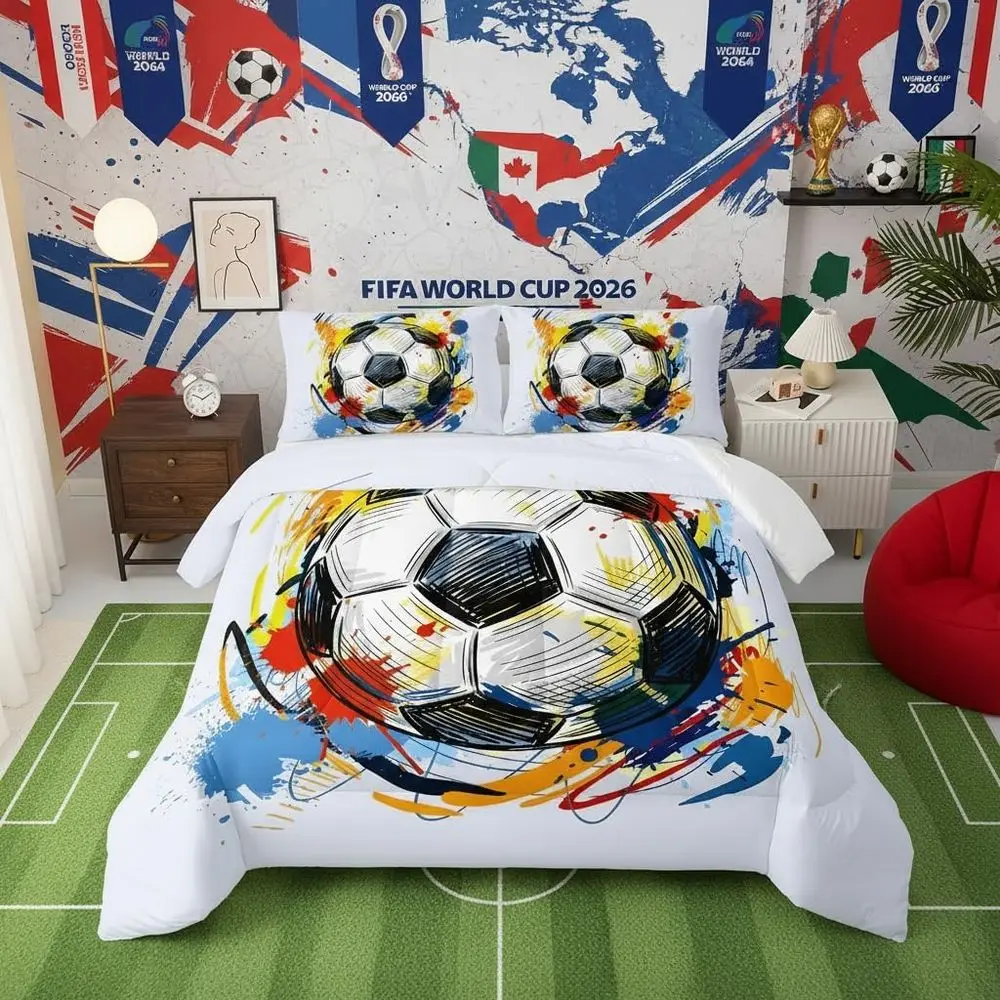 

Youth Soccer-Themed Full Bedding Set: 3-Piece with Comforter and 2 Pillowcases in Graffiti Style