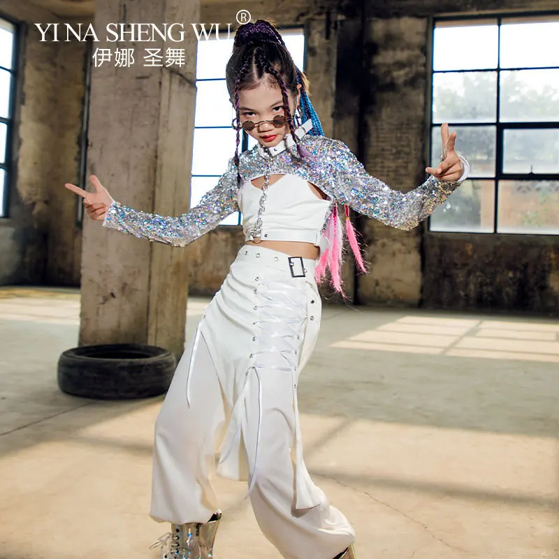 

Крутая одежда для детей, танцевальный костюм в стиле джазовой танцовщицы с блестками для девочек, сценическая одежда K-pop, детский блестящий комплект одежды для выступлений