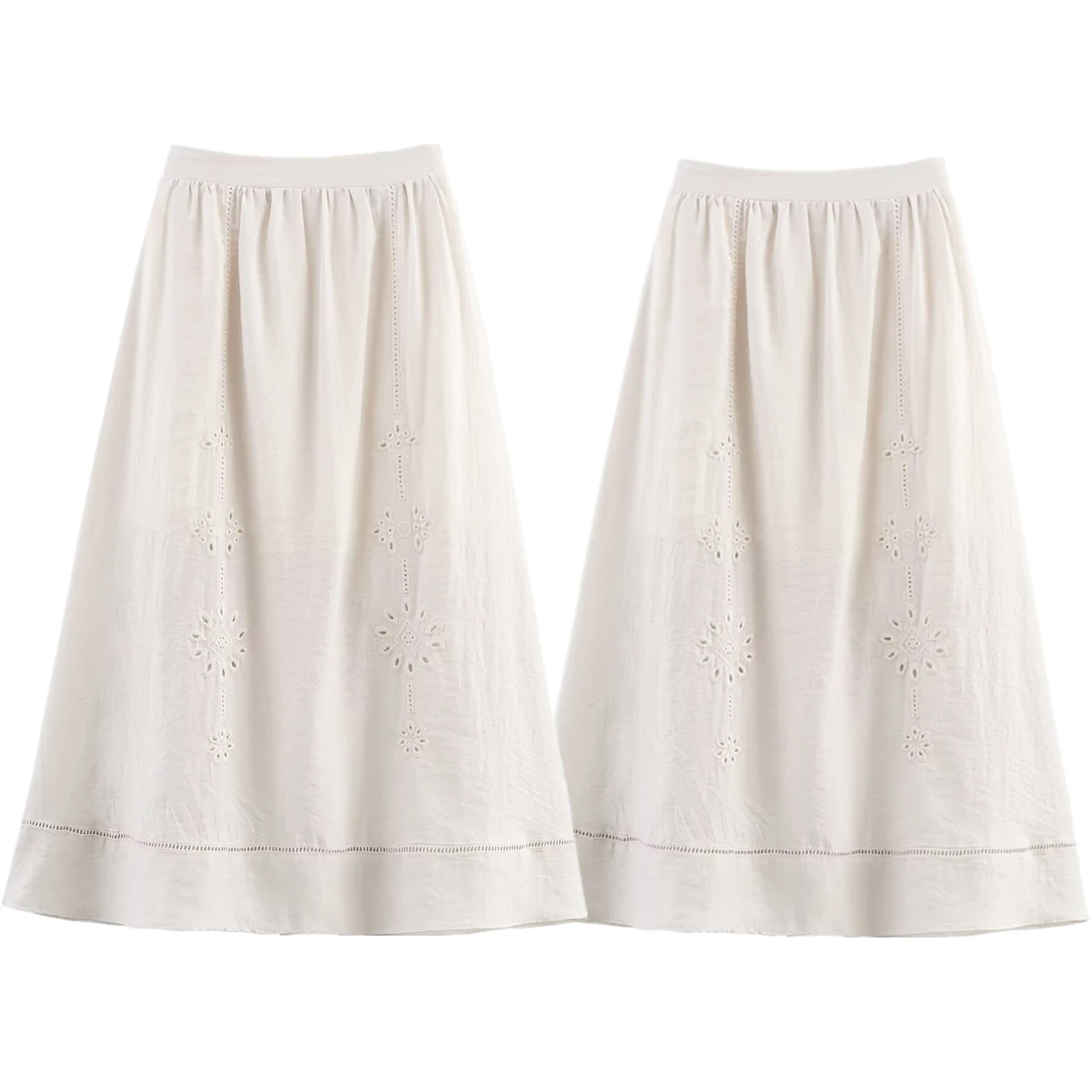 Maxdutti Minimalist Cotton Flower Embroidered Skirt French Elegant Beige High Waist Big Swing Midi Skirt Women