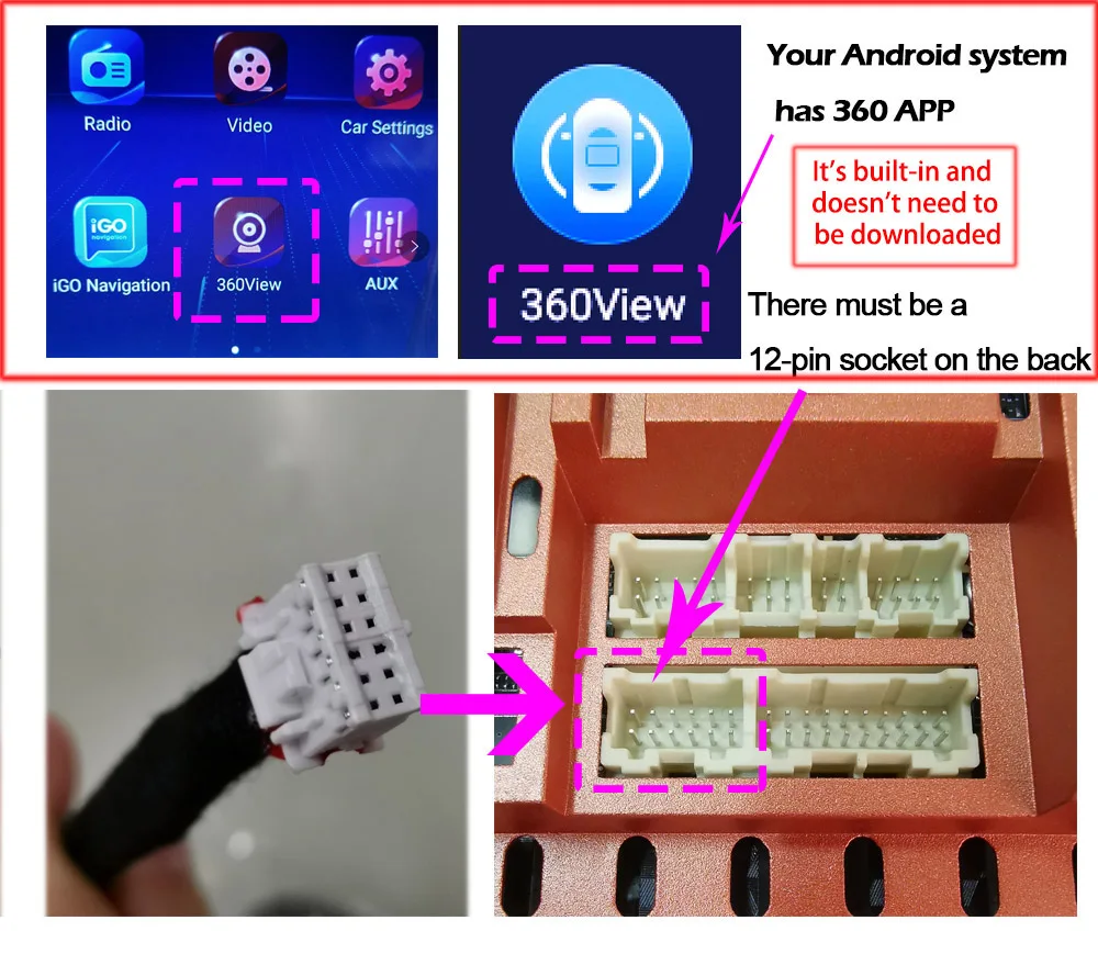 For Android multimedia models with built-in 360view APP 12-pin wiring harness for Android multimedia 360 panoramic camera