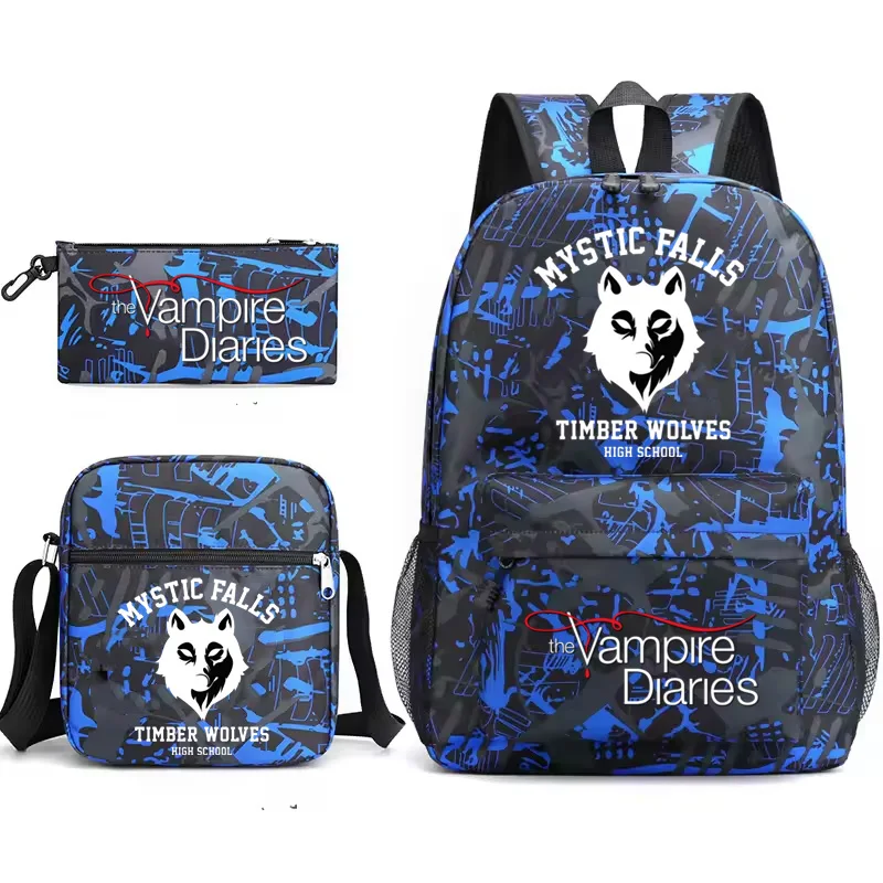 Mystic Falls Pattern 3Pcs Child Backpack The Vampire Diaries Schoolbag Large Capacity Student Bagpack Shoulder Bag Pencil Case