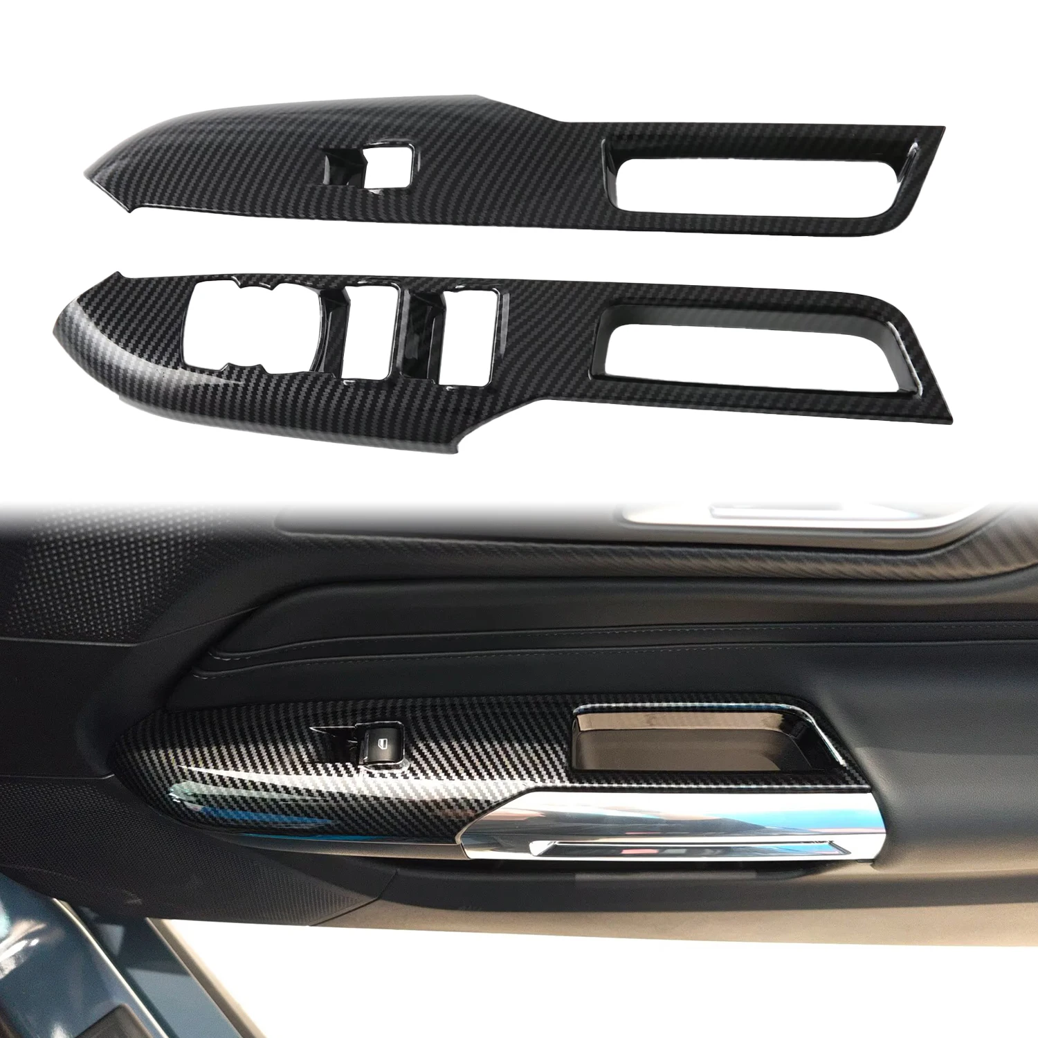Para Ford Mustang Fastback 2024 2025 cubierta de botón de interruptor de elevación de ventana Interior de coche embellecedor ABS fibra de carbono negro 2 uds