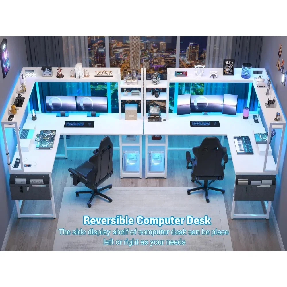 L Shaped Gaming Desk com Power Outlet, Luz LED e Hutch, Desk Home Office reversível