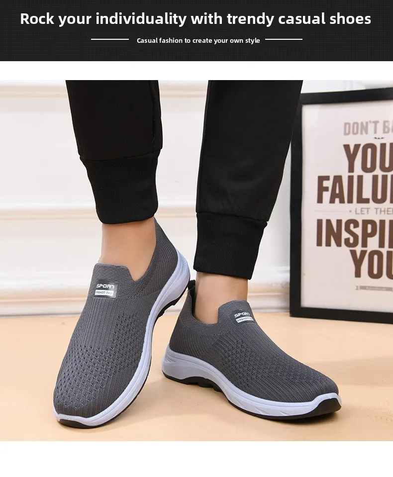Herren-Strick-Slipper, atmungsaktives, fliegendes Gewebe-Obermaterial, dicke, rutschfeste Sohle, bequeme Freizeitschuhe zum Gehen – Detail 11