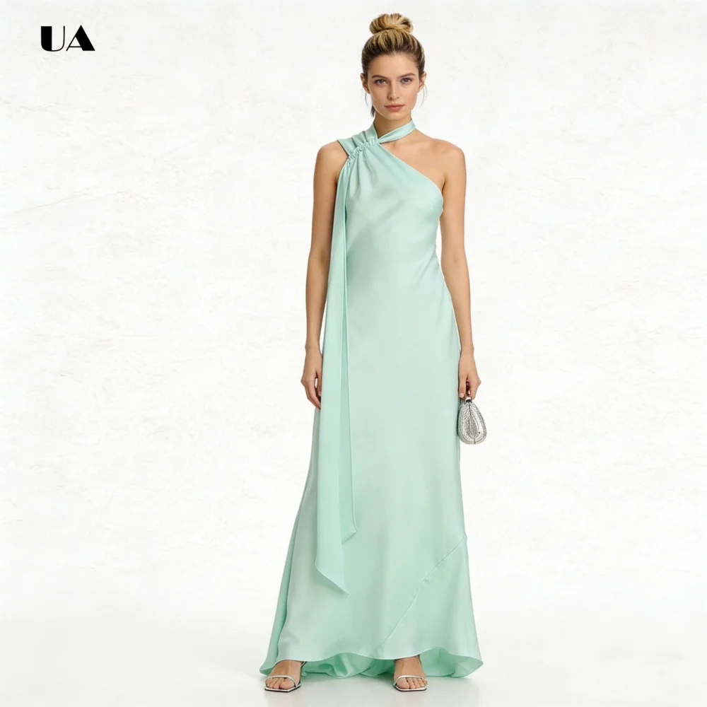 ULBYANRN Abito da ballo a trapezio senza maniche, abito da sera in raso solido con colletto a sciarpa, abito da festa personalizzato con dettagli drappeggiati