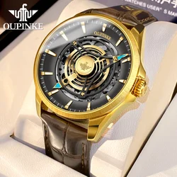 OUPINKE Automatic Watch for Men Skeleton Luxury Sapphire Leather Strap Waterproof Luminous Diving Self Winding Wrist Watches