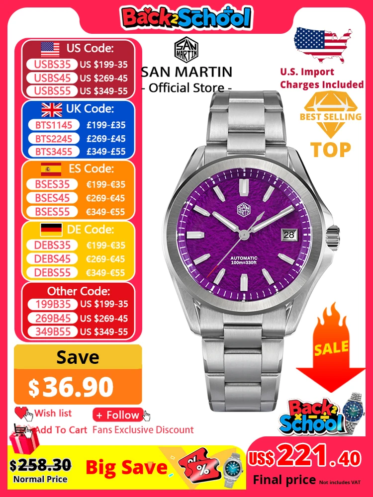 San Martin New Gada Fashion Sport Watch 39mm NH35 Automatic Mechanical Men Watches Dress Waterproof 100m Luminous SN0129