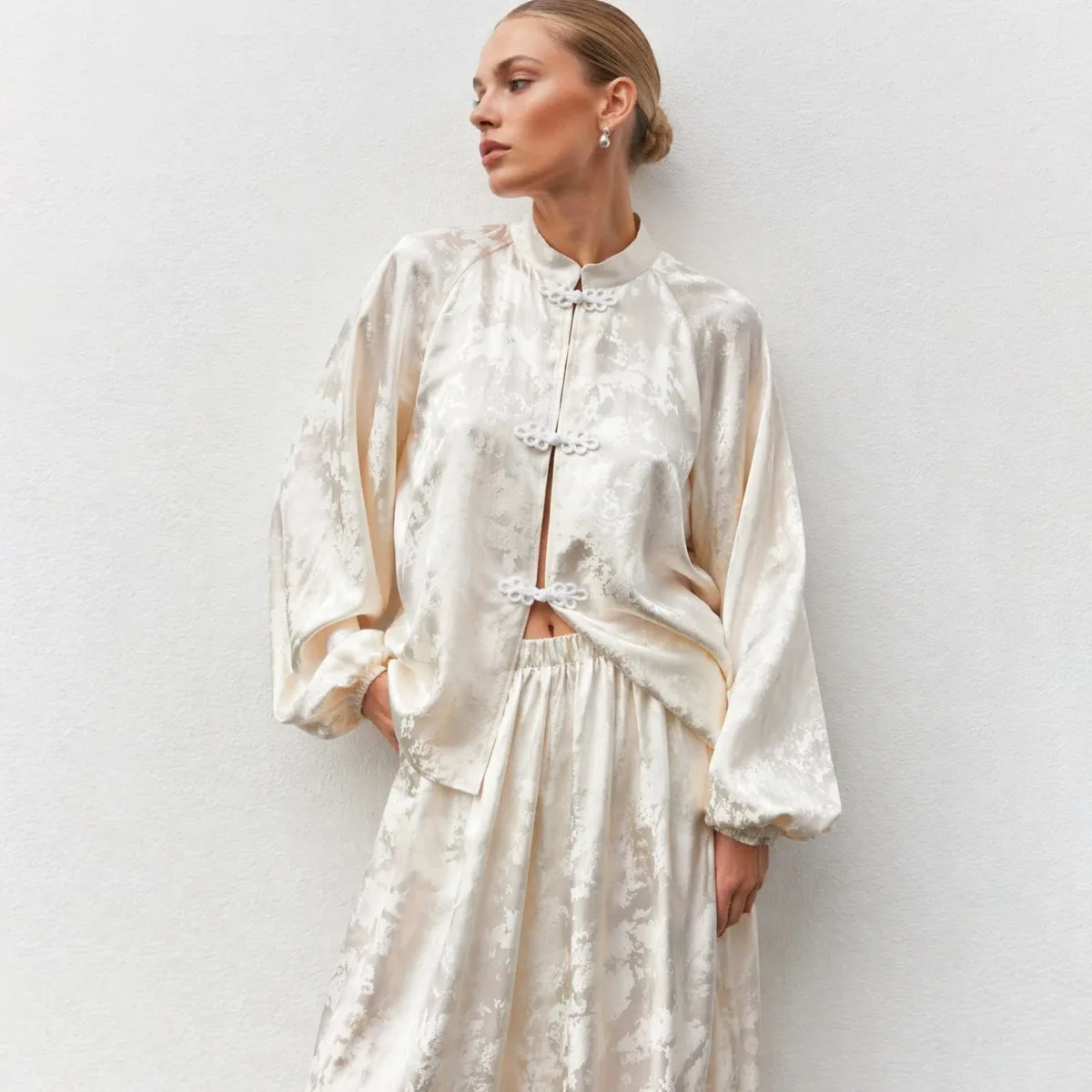 IG 2026 Women's New Chinese Two Piece Co Ord, Mandarin Stand Collar Frog Button Lantern Sleeve Short Jacket & Elastic Waist