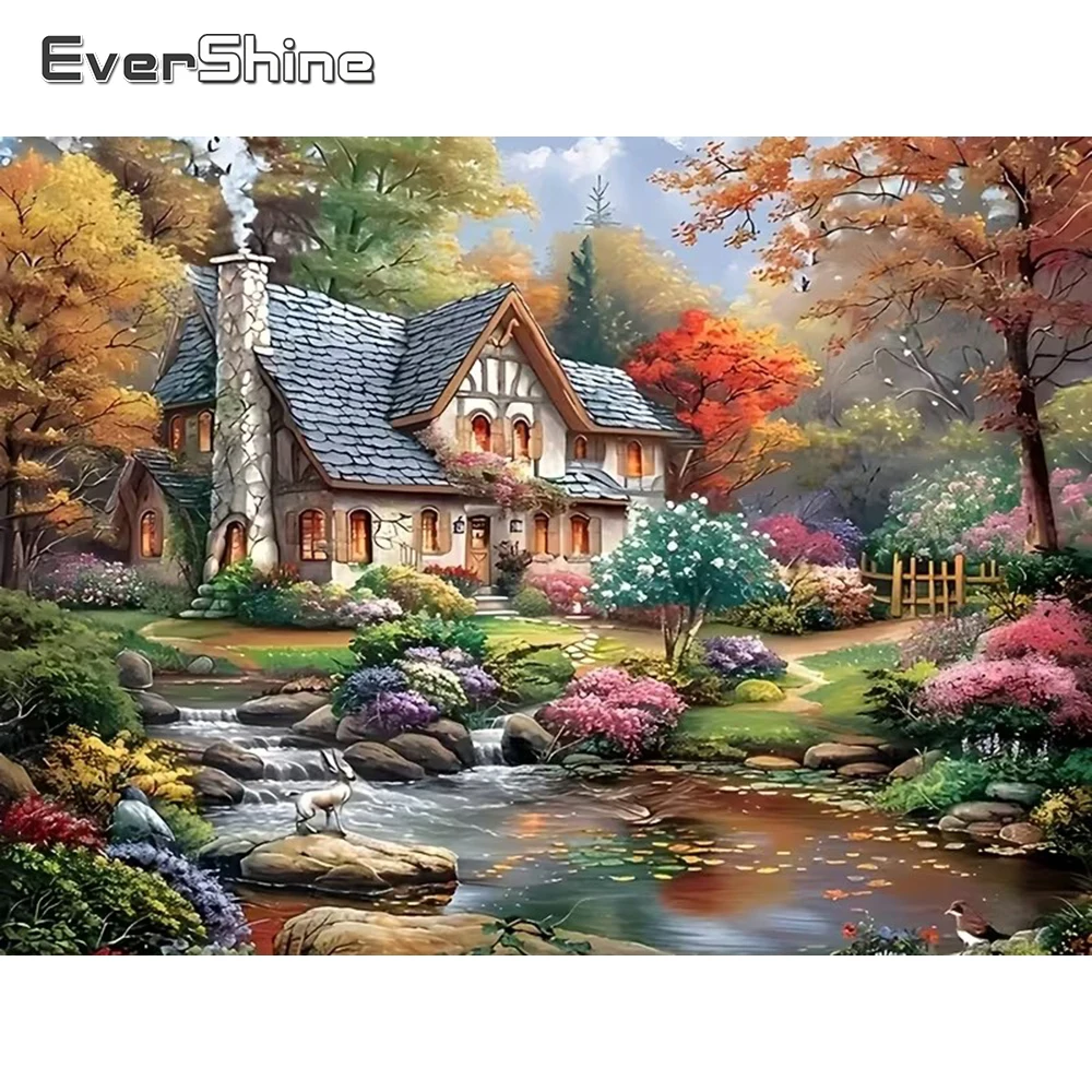 EverShine Vollquadratische und runde Diamant-Stickerei Hausbild Acryl-Bastelbedarf Diamant-Mosaik Landschaft Einzigartiges Geschenk