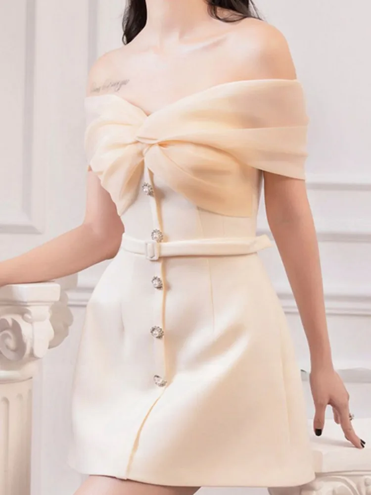 DEAT Elegant Dress Bowknot Single-breasted Gauze Strapless Belt Women\'s Evening Party Dresses 2024 Summer New Fashion 35Z459