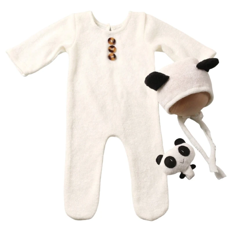 

3Pcs Newborns Photography Costume Set Gentle on Skin Baby Knitting Romper & Chin Ties Hat Photo Props for Photoshoots