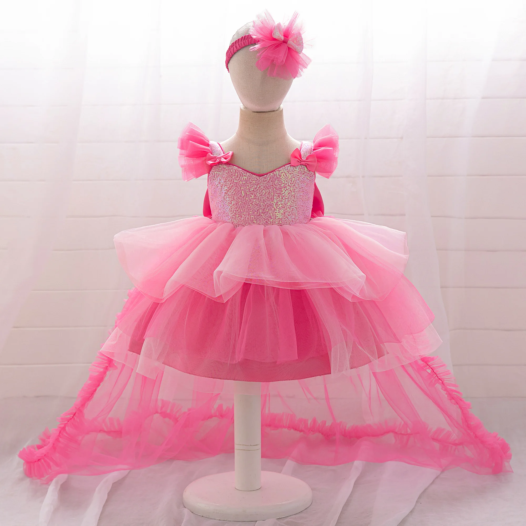 Sequin Bow Party Baby Girl Costume Toddler 1st Birthday Wedding Prom Princess Dress Kids Lace Wedding Mermaid Halloween Costumes