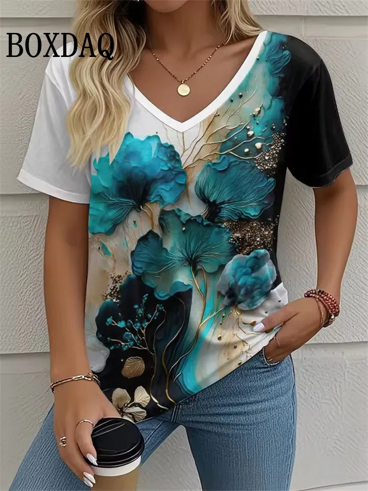 

Summer Vintage Flowers T Shirt Women Tie Dye 3D Print Loose Short Sleeve Tops Plus Size Fashion Casual V-Neck Ladies Tee Shirts