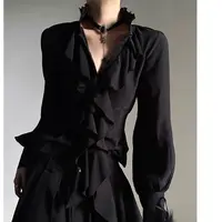 Harajuku Vintage Black Bottoming Shirt Women Stand Collar Ruffles Slim Blouses Japanese Victorian Long Sleeve Blusas De Mujer 3