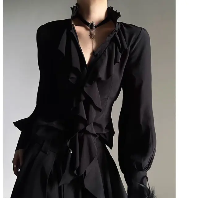 Harajuku Vintage Black Bottoming Shirt Women Stand Collar Ruffles Slim Blouses Japanese Victorian Long Sleeve Blusas De Mujer 3 Harajuku Vintage Black Bottoming Shirt Women Stand Collar Ruffles Slim Blouses Japanese – view 3