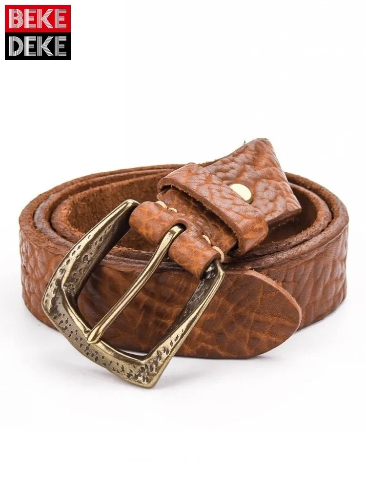 High Quality Vintage Natural Cowhide Belt Men Accessories Adjustable Casual Brass Pin Buckle Genuine Leather Waistband For Jeans