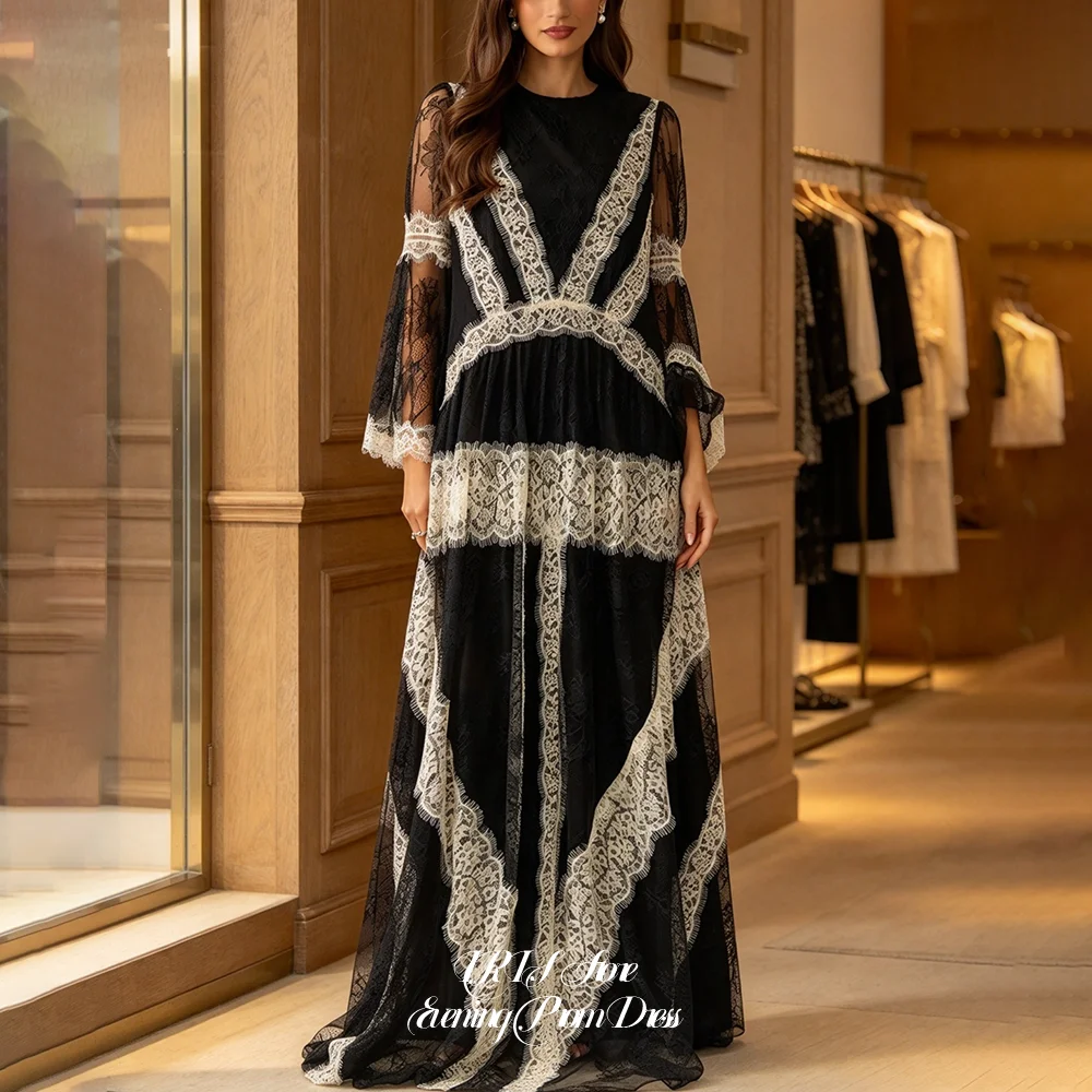 Vestidos de noche de encaje con estilo francés para mujer, con encaje en contraste, cuello redondo, manga larga, para invitadas a bodas, vestido de cóctel, vestido largo.