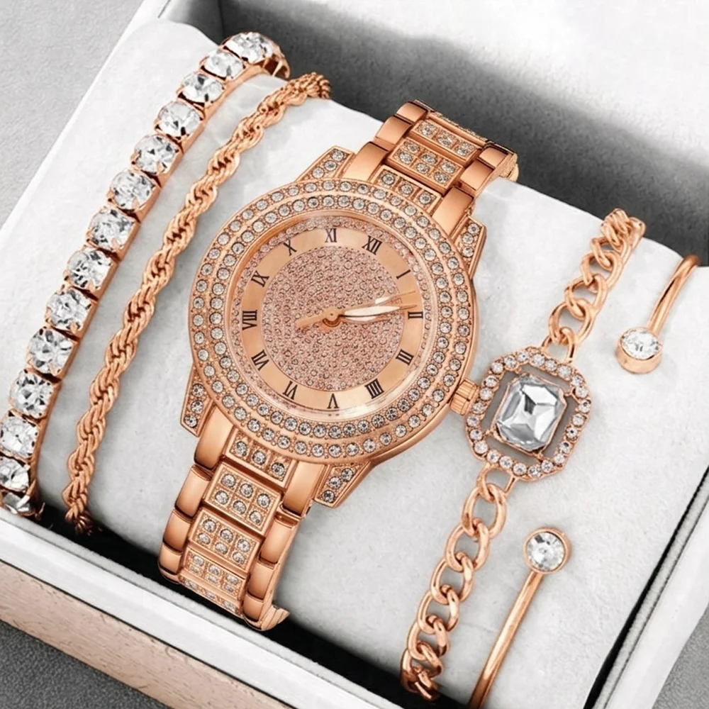 5Pcs/Set Unisex Jewelry Watches Women's Wristwatch Accessories Rose Gold Trendy Fashion Exquisite Light Luxury Rhinestone Luxury Roman Numeral Dial Round Dial Quartz Watch Set Y2K Suitable for Daily Outfits Perfect Holiday Gift