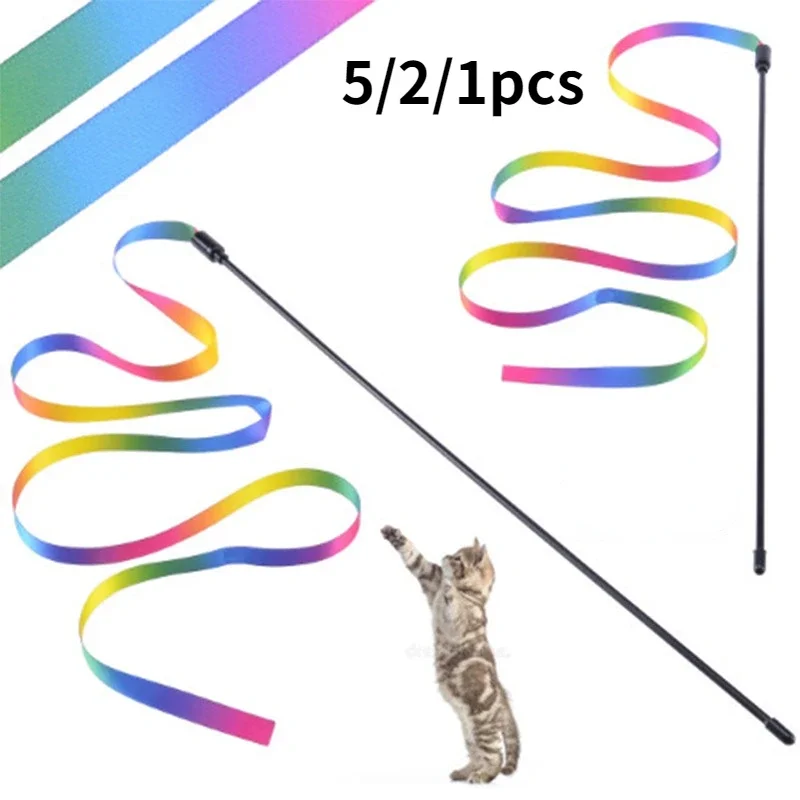 5/1Pcs Cute Cat Interactive Toys Colorful Rod Teaser Wand Plastic Self-healing Toy Funny Rainbow Ribbon Cat Stick Pet Supplies