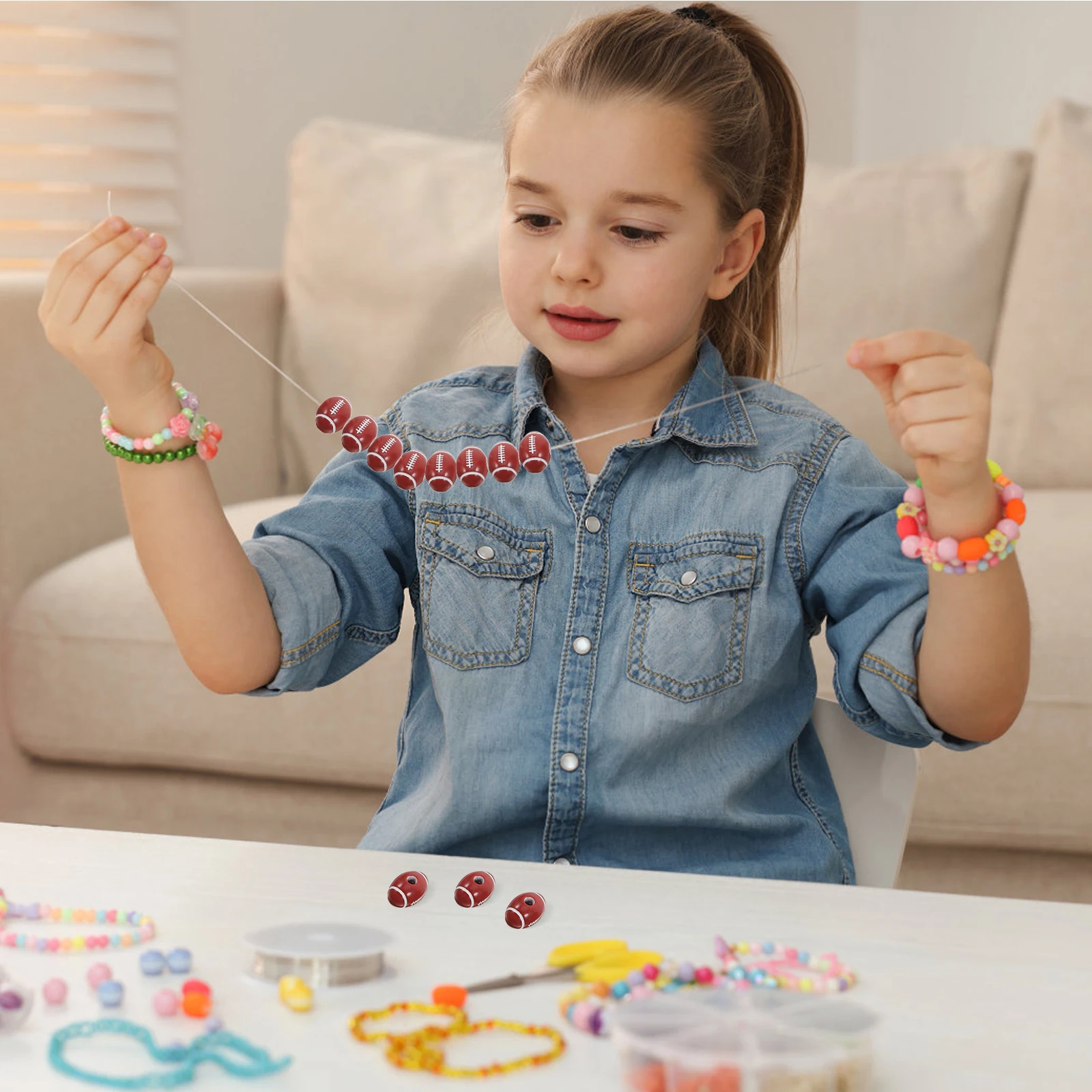

50Pcs Football Beads for Jewelry Making Sporty Acrylic Beads DIY Crafts Kids Sensory Play Educational Stringing Activities