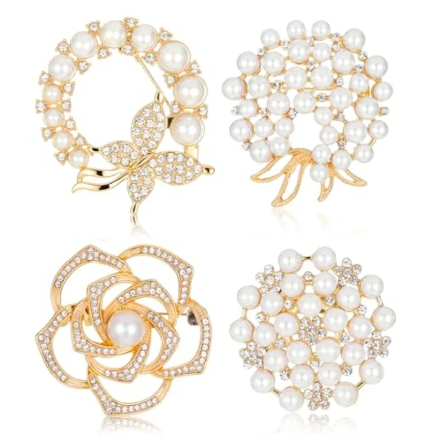 

4 PCS Brooches and Pins for Women, Crystal Flower Pearl Brooch Fashion, Elegant Flower Broach for Wedding Clothing Accessory Ch