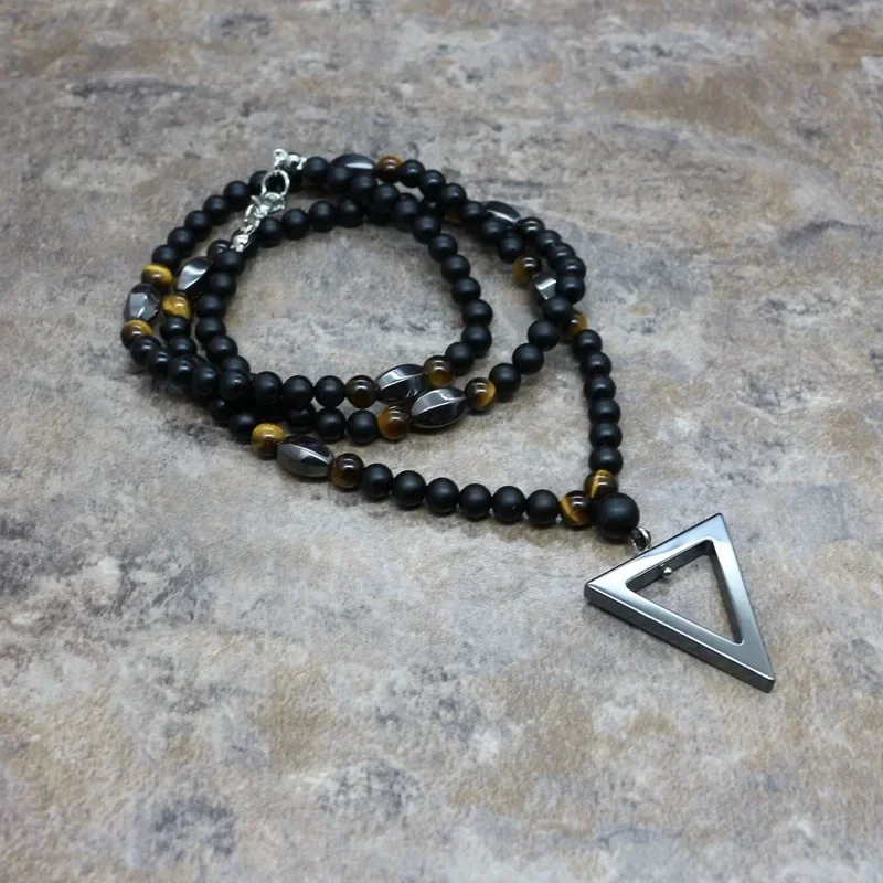 6MM Matte Black Gate Beads Necklaces Geometric Triangles Pendant for Men Long Beaded Chain Fashion Male Jewelry