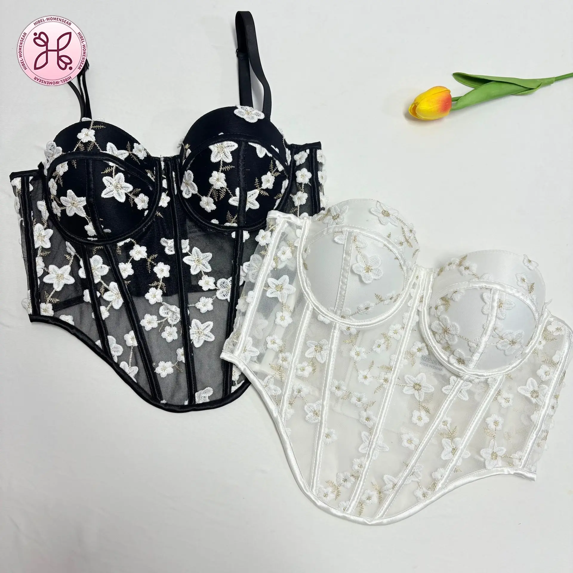 

Новый французский 3D-корсет с цветочным узором из прозрачной сетки, с косточками, на бретельках, дышащий, моделирующий фигуру