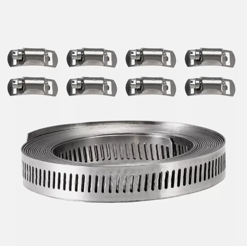 

Hose Clamps 11.5FT Metal Strap+8 Fasteners DIY Cut-To-Fit Stainless Steel Band Clamps Adjustable Large Worm Durable Easy Install
