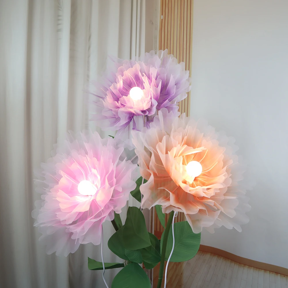 Man-made Large Yarn Flower Set With Lamp Living Room Floor Placement Garden Decoration Outdoor High Quality Artificial Flowers