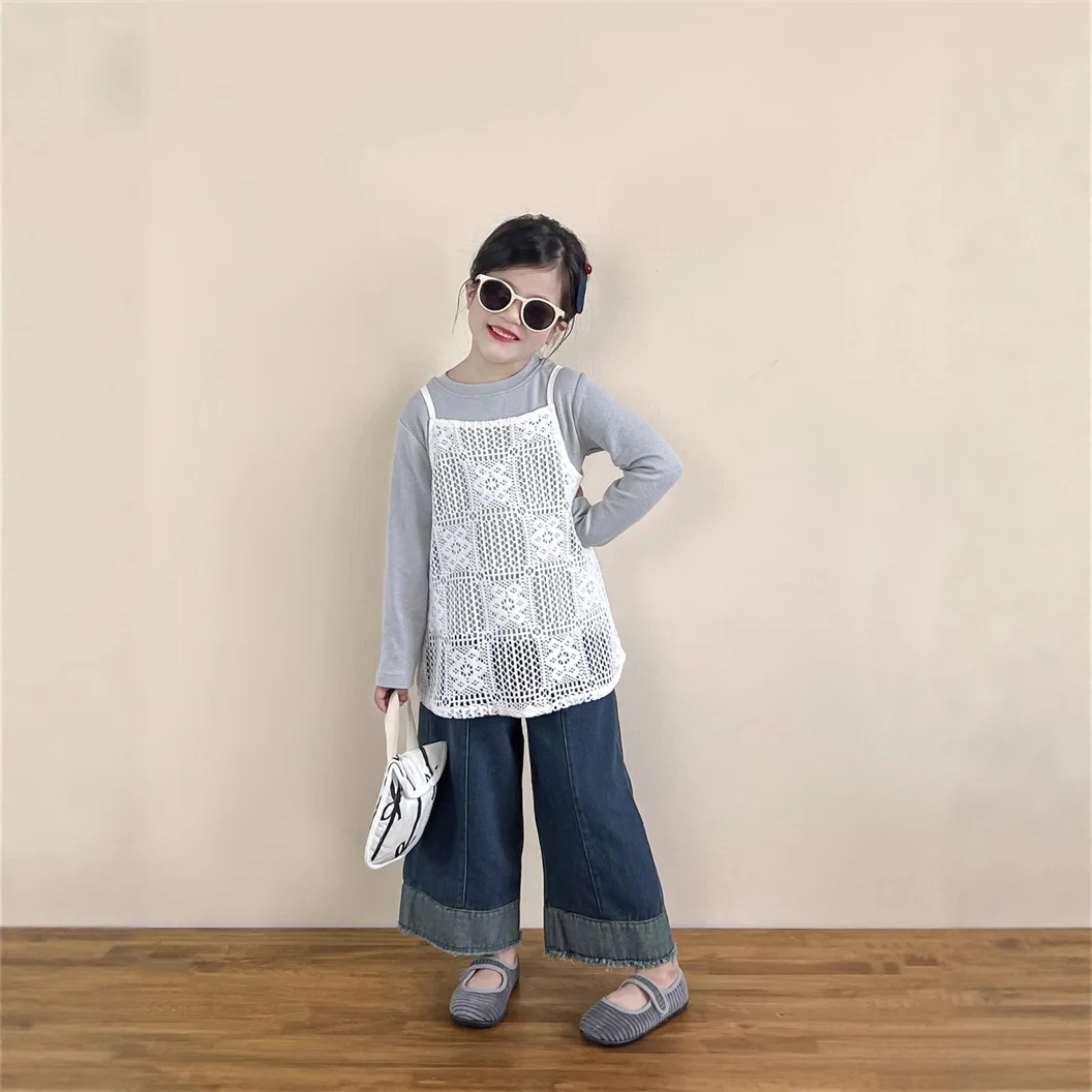 2026 Spring New Korean Version of Children's Clothing Girls Hollow Vest Top Hooked Lace Fashionable Suspenders