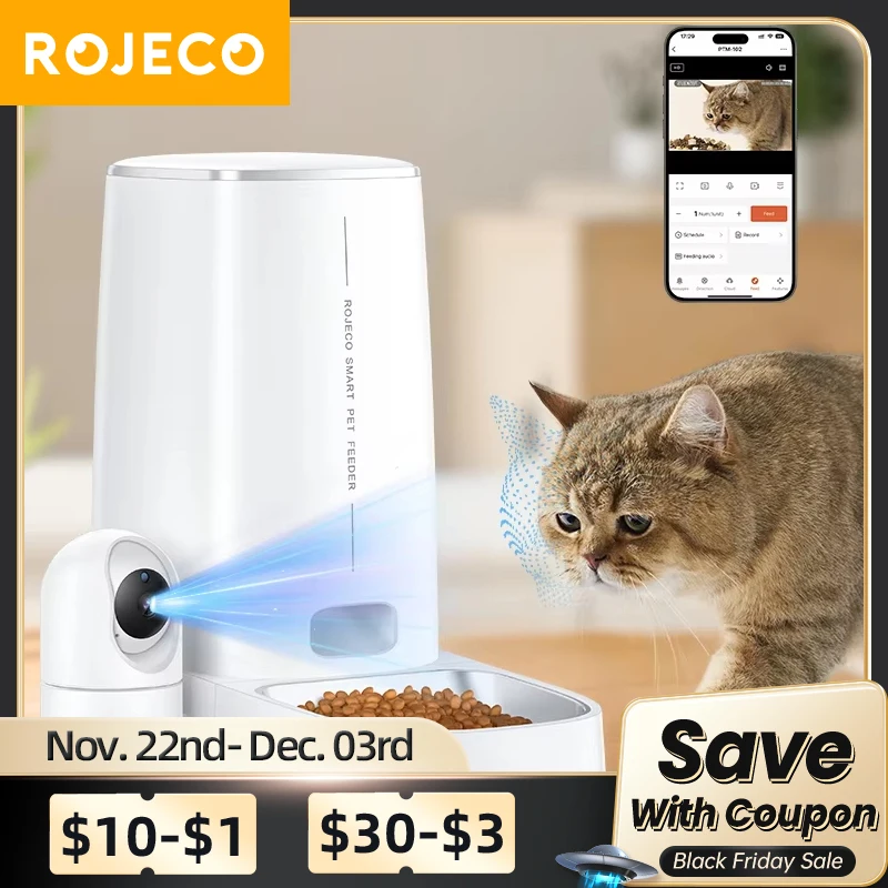 ROJECO Automatic Cat Feeder With 360°Rotating Camera Vedio 4L WiFi Cat Food Dispenser Pet Smart Voice Auto Feeder For Cats Dogs