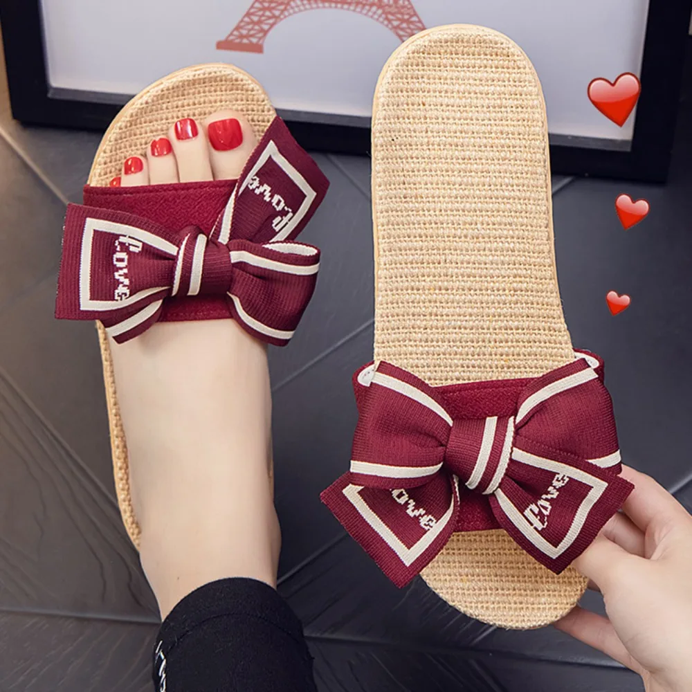 Women\'s Home Slippers Summer New Bow Linen Slippers Women\'s Home Soft Sole Anti Slip Lightweight Silent Indoor Slippers Sandals