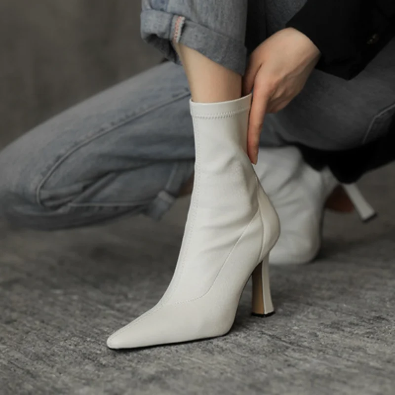 2023Women High Heel Short Leather Boots  New Boots Female Pointed Thin Heel Boots Ladies Ankle Short Boots Botas De Mujer