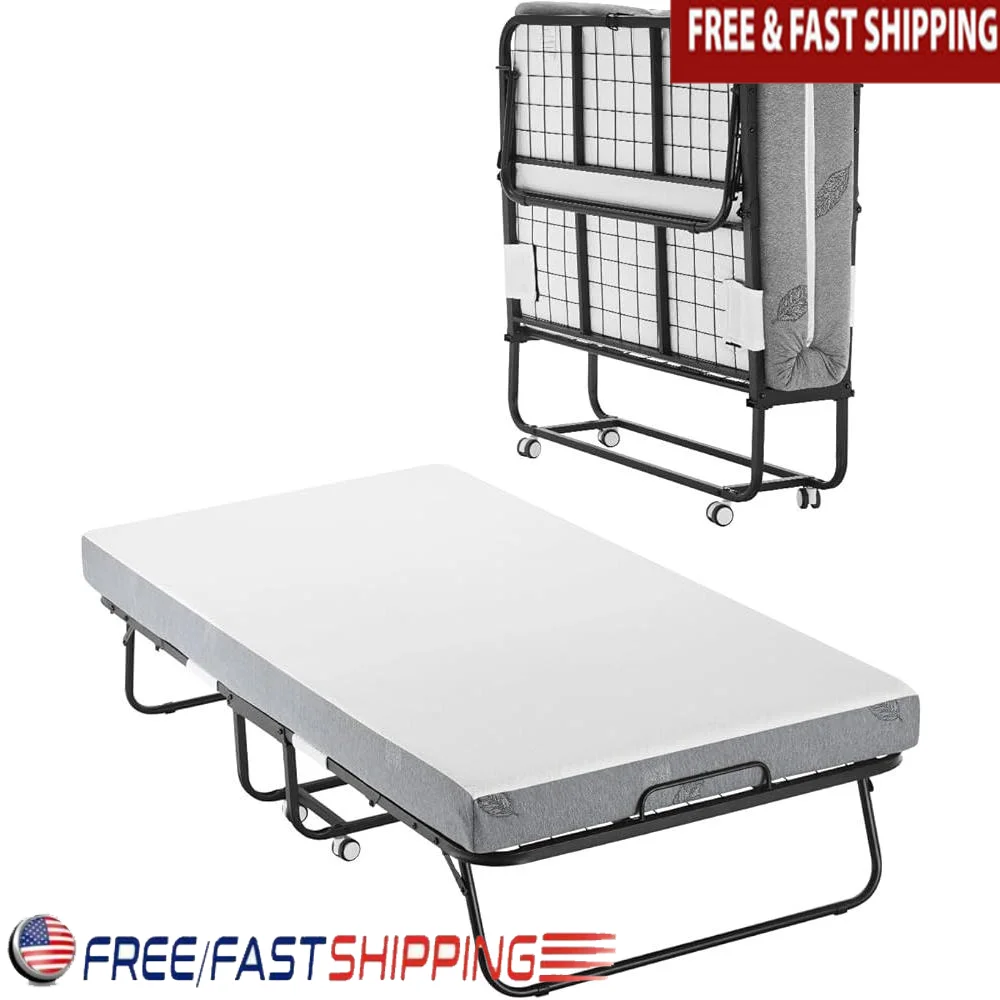 

Складная раскладная кровать с 5-дюймовым матрасом из пены с эффектом памяти. Портативная гостевая кровать. Легко хранить. Экономия места. Металлический каркас. Гибкие колеса.