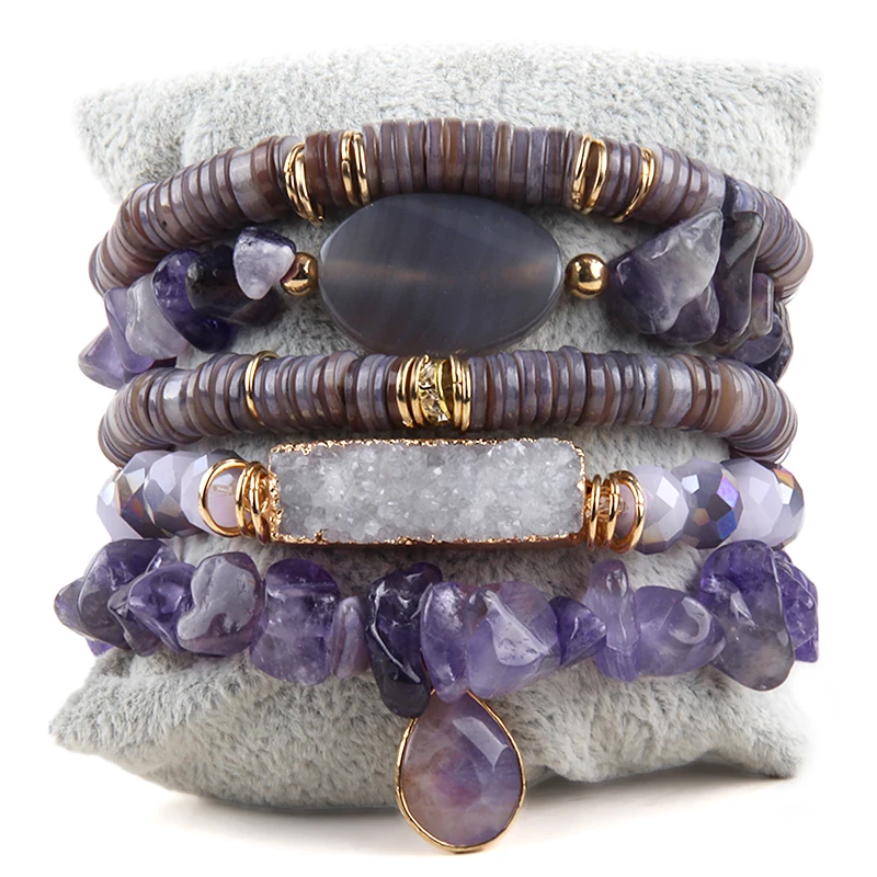 RH Fashion Bohemia Jewelry Natural Stone Beaded and Crystal Charm 5pc Stack Bracelets Set For Women Gift