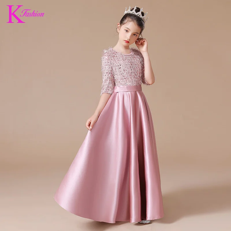 

Вечернее платье для девочек, костюм для выступлений, платье принцессы, длинная детская праздничная одежда со средними рукавами и круглым вырезом, одежда для девочек от 3 до 15 лет