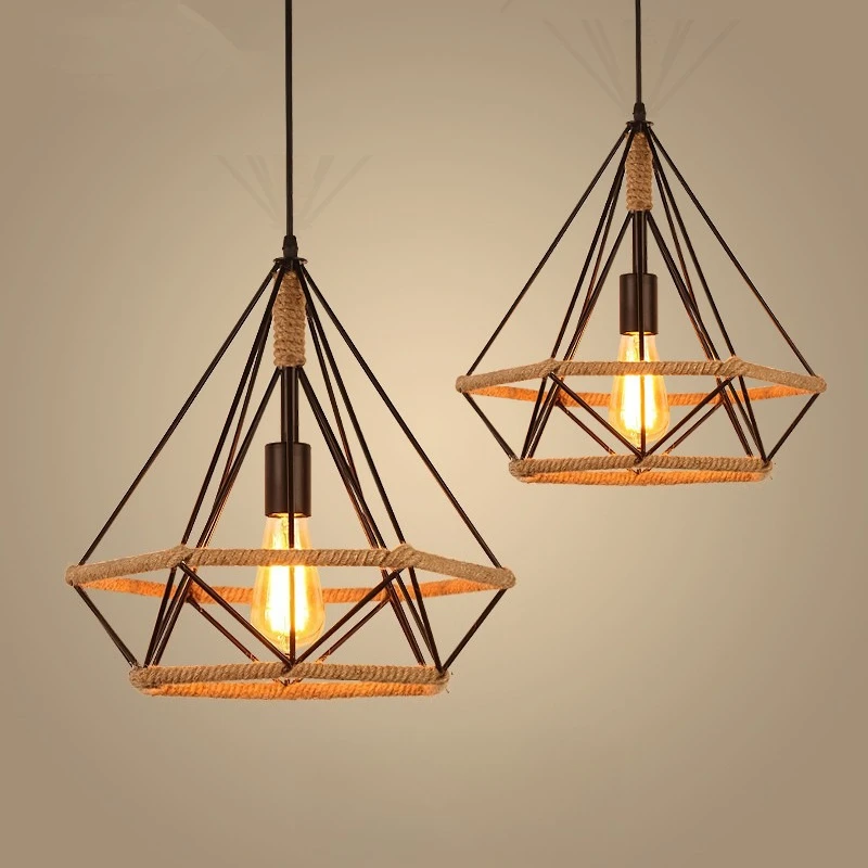 

Wrought Iron Diamond Ceiling Lamp Industrial Style Creative Porch Aisle Balcony American Retro Country Hemp Rope Light