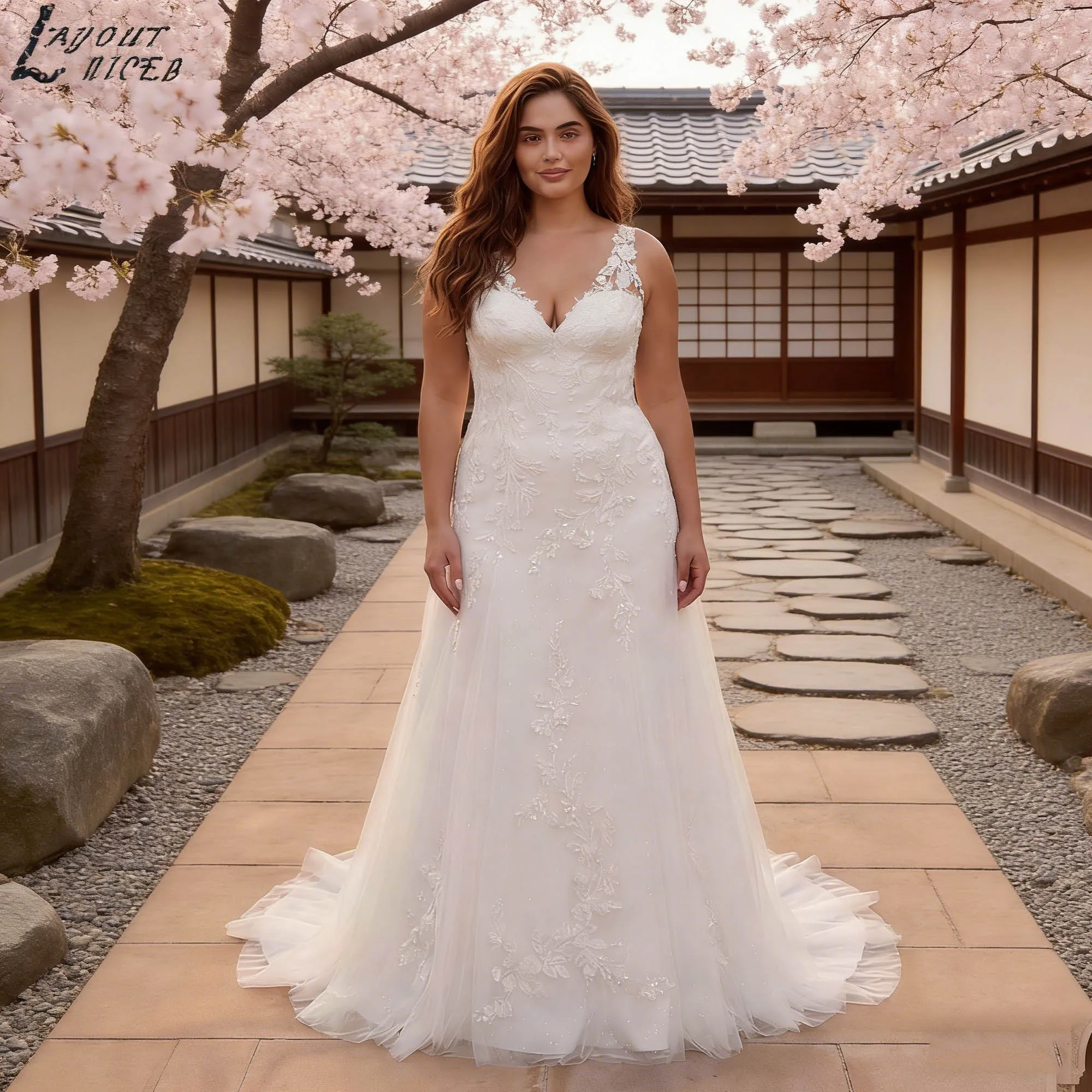 

Charm A-line Tulle Wedding Dress Oversize Sleeveless V-neck Appliques Bride Gowns Elegance Backless vestidos de novia Customized